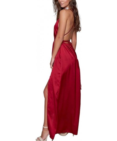 Women's Satin Dress Sexy V Neck Backless Split Long Maxi Cocktail Party Dress Wine $30.10 Dresses