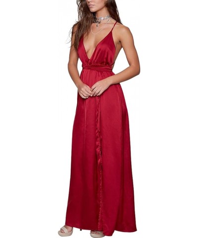 Women's Satin Dress Sexy V Neck Backless Split Long Maxi Cocktail Party Dress Wine $30.10 Dresses