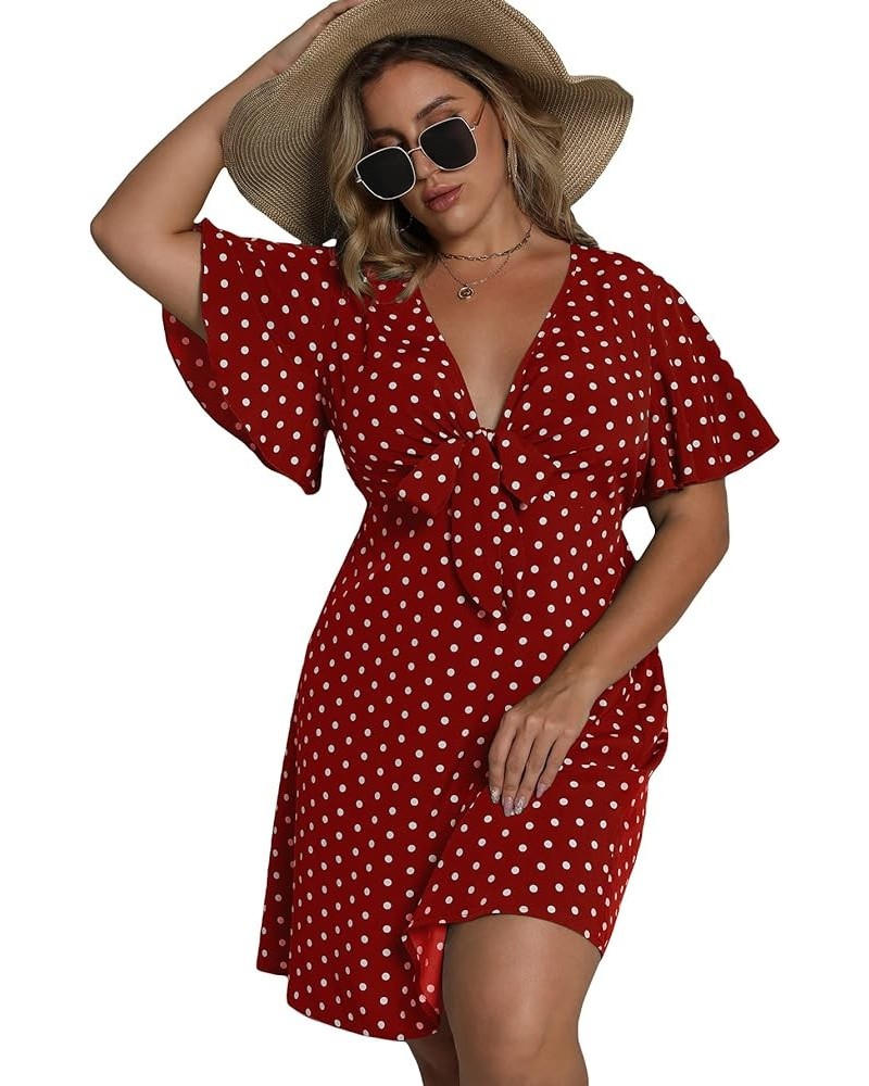 Women's Plus Size Polka Dots Short Sleeve V Neck Knot Front Flowy Boho Short Dress Red $15.84 Dresses