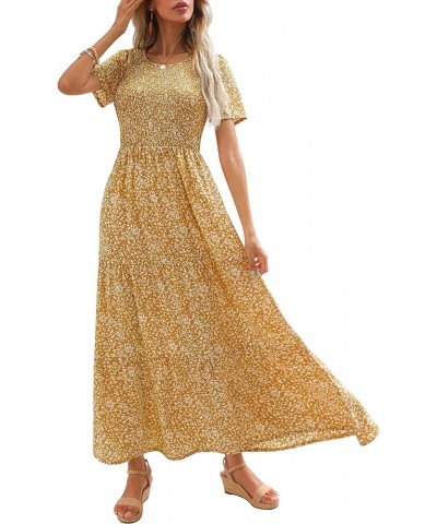 Womens 2024 Summer Spring Smocked Wedding Guest Maxi Dress Casual Short Sleeve Floral Boho Flowy Long Dress Mustard $23.84 Dr...