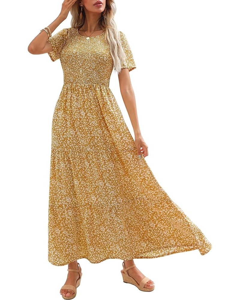 Womens 2024 Summer Spring Smocked Wedding Guest Maxi Dress Casual Short Sleeve Floral Boho Flowy Long Dress Mustard $23.84 Dr...