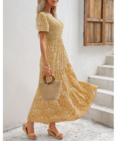 Womens 2024 Summer Spring Smocked Wedding Guest Maxi Dress Casual Short Sleeve Floral Boho Flowy Long Dress Mustard $23.84 Dr...