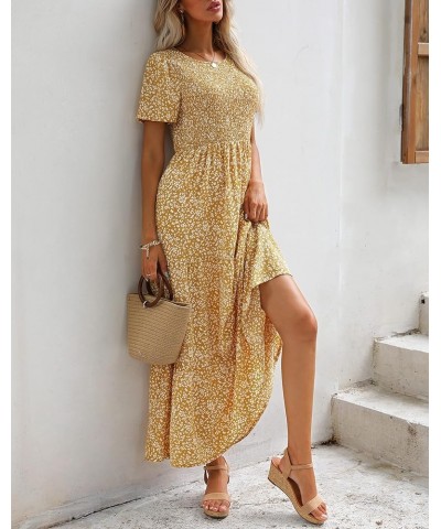 Womens 2024 Summer Spring Smocked Wedding Guest Maxi Dress Casual Short Sleeve Floral Boho Flowy Long Dress Mustard $23.84 Dr...