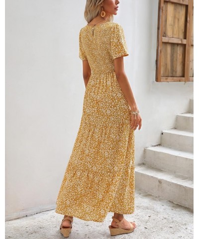 Womens 2024 Summer Spring Smocked Wedding Guest Maxi Dress Casual Short Sleeve Floral Boho Flowy Long Dress Mustard $23.84 Dr...