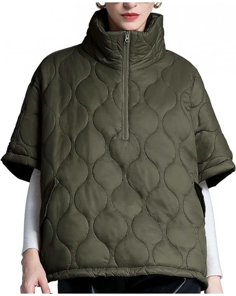 Women's Oversized Quilted Jackets Half Sleeve Stand Collar Pullover Lightweight Puffer Jackets Padded Winter Coat Army Green ...