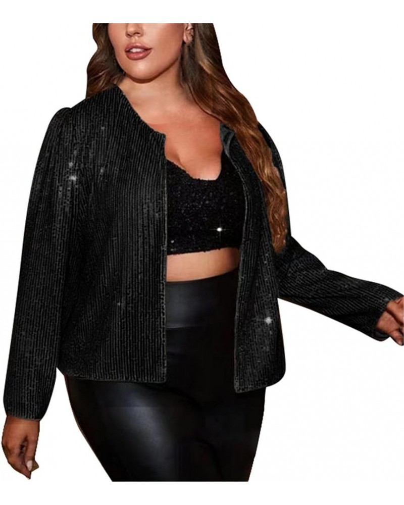 Women Sequins Sequin Jacket Casual Long Sleeve Glitter Sparkle Open Front Party Shiny Lapel Blazer Coat Rave Outerwear A4-bla...