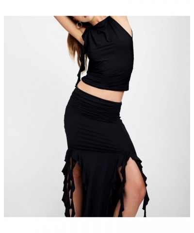 Women Y2K Ruffle 2 Piece Skirt Set Off Shoulder Sheer Mesh Tube Top Fringed Irregular Skirts Outfit Streetwear V-black $12.09...