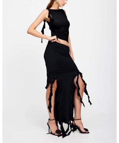 Women Y2K Ruffle 2 Piece Skirt Set Off Shoulder Sheer Mesh Tube Top Fringed Irregular Skirts Outfit Streetwear V-black $12.09...