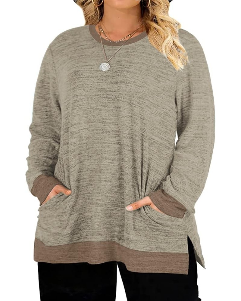 Womens-Plus-Size-Sweatshirts Long Sleeve Tops Side Split Tunics with Pockets Khaki $15.68 Tops