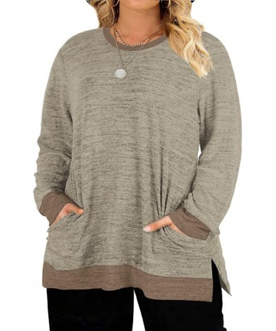 Womens-Plus-Size-Sweatshirts Long Sleeve Tops Side Split Tunics with Pockets Khaki $15.68 Tops