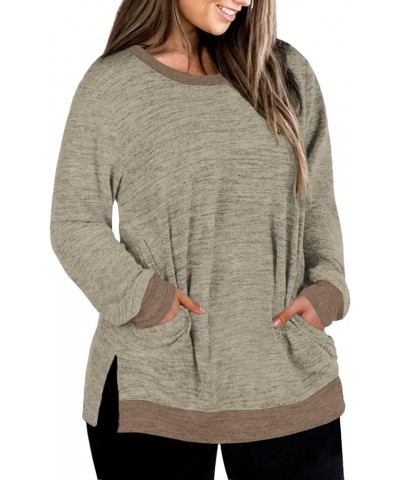 Womens-Plus-Size-Sweatshirts Long Sleeve Tops Side Split Tunics with Pockets Khaki $15.68 Tops