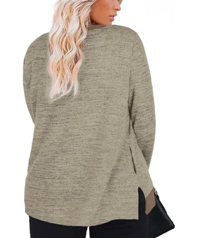 Womens-Plus-Size-Sweatshirts Long Sleeve Tops Side Split Tunics with Pockets Khaki $15.68 Tops