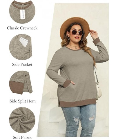 Womens-Plus-Size-Sweatshirts Long Sleeve Tops Side Split Tunics with Pockets Khaki $15.68 Tops