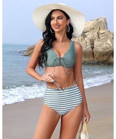 Women's Bikini Set Floral Print Sexy Floral Two Piece Swimsuit Lace Up High Waisted Bathing Suit Tummy Control Z-army Green $...