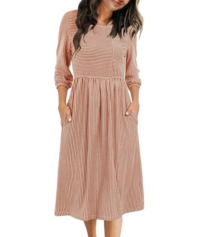 Women's 3/4 Balloon Sleeve Striped High Waist T Shirt Midi Dress with Pockets Dusty Orange $16.40 Dresses