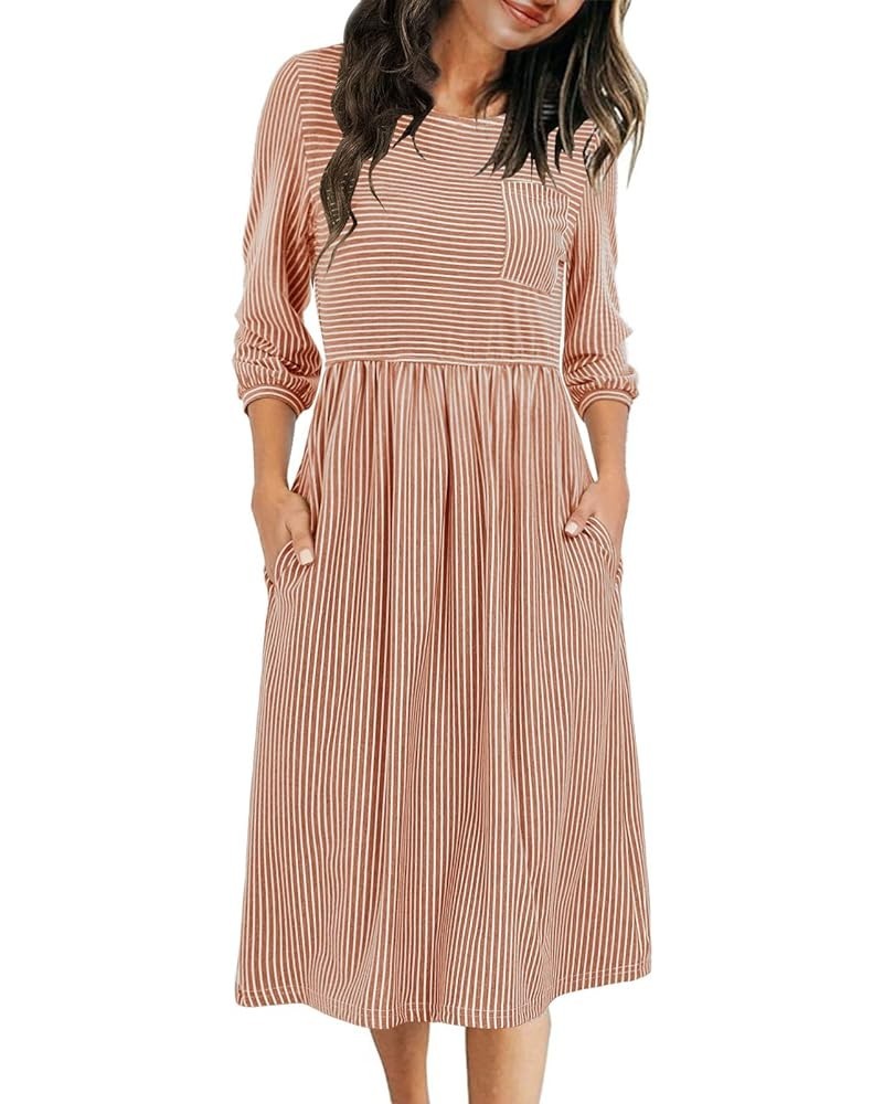 Women's 3/4 Balloon Sleeve Striped High Waist T Shirt Midi Dress with Pockets Dusty Orange $16.40 Dresses