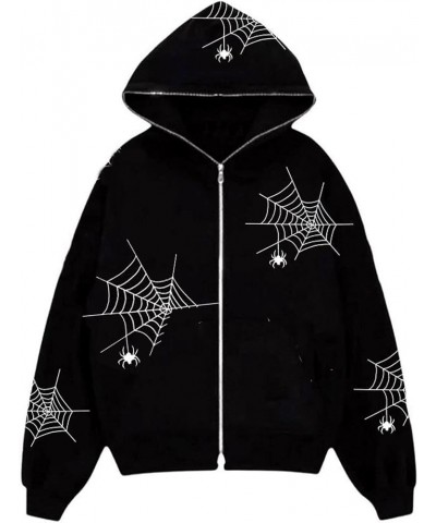 Women Y2K Zip Up Hoodie Spider Web Graphic Print Oversized Sweatshirt Skeleton Jackets Aesthetic Gothic Streetwear M-black $1...