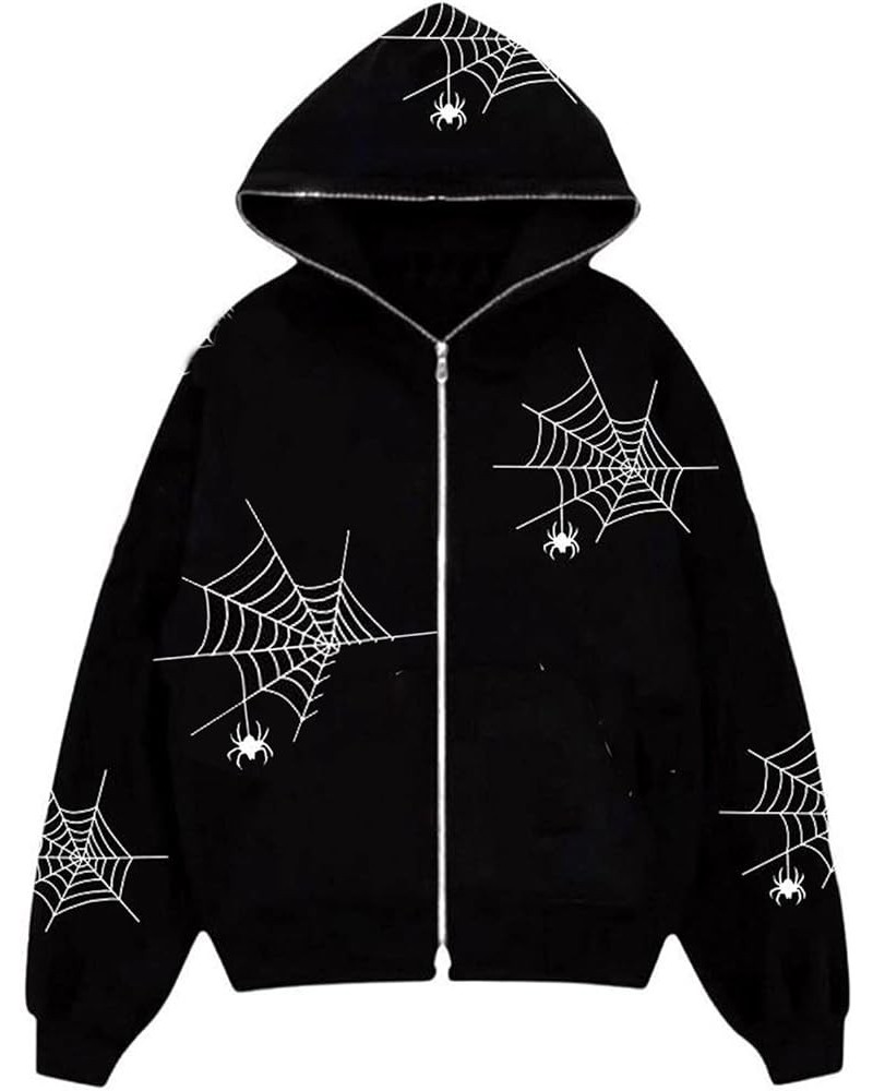 Women Y2K Zip Up Hoodie Spider Web Graphic Print Oversized Sweatshirt Skeleton Jackets Aesthetic Gothic Streetwear M-black $1...