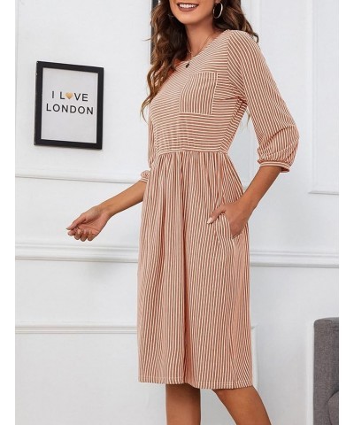 Women's 3/4 Balloon Sleeve Striped High Waist T Shirt Midi Dress with Pockets Dusty Orange $16.40 Dresses