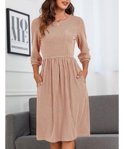 Women's 3/4 Balloon Sleeve Striped High Waist T Shirt Midi Dress with Pockets Dusty Orange $16.40 Dresses