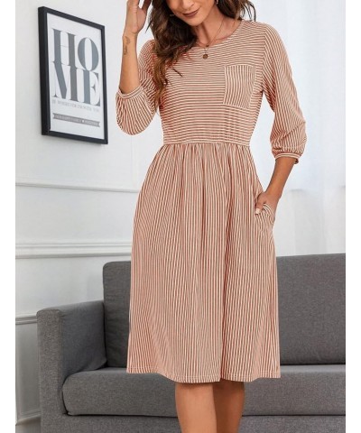 Women's 3/4 Balloon Sleeve Striped High Waist T Shirt Midi Dress with Pockets Dusty Orange $16.40 Dresses