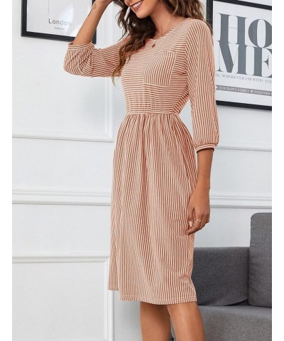 Women's 3/4 Balloon Sleeve Striped High Waist T Shirt Midi Dress with Pockets Dusty Orange $16.40 Dresses