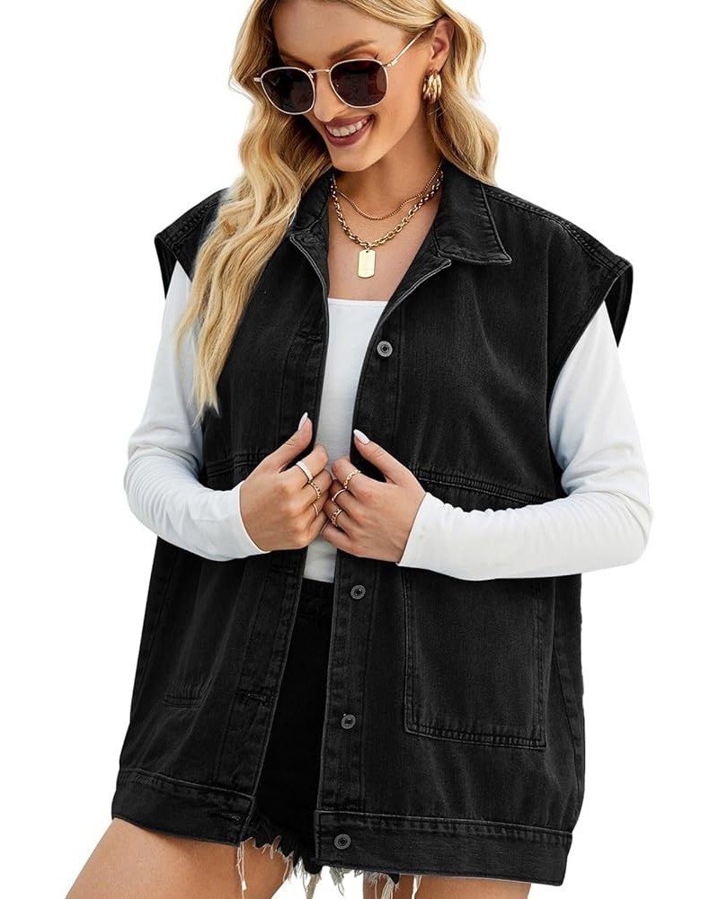 Women's Denim Vest Oversized Sleeveless Jean Jacket Button Down Casual Waistcoat With Detachable Hooded Vest 01black $18.24 V...