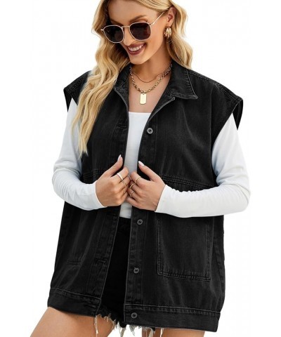 Women's Denim Vest Oversized Sleeveless Jean Jacket Button Down Casual Waistcoat With Detachable Hooded Vest 01black $18.24 V...