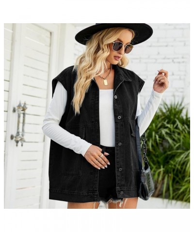 Women's Denim Vest Oversized Sleeveless Jean Jacket Button Down Casual Waistcoat With Detachable Hooded Vest 01black $18.24 V...