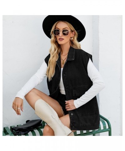 Women's Denim Vest Oversized Sleeveless Jean Jacket Button Down Casual Waistcoat With Detachable Hooded Vest 01black $18.24 V...