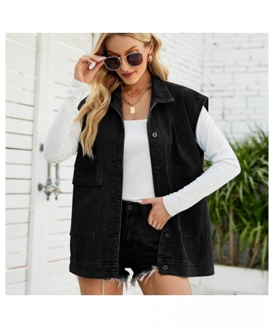 Women's Denim Vest Oversized Sleeveless Jean Jacket Button Down Casual Waistcoat With Detachable Hooded Vest 01black $18.24 V...