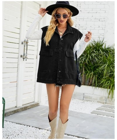 Women's Denim Vest Oversized Sleeveless Jean Jacket Button Down Casual Waistcoat With Detachable Hooded Vest 01black $18.24 V...