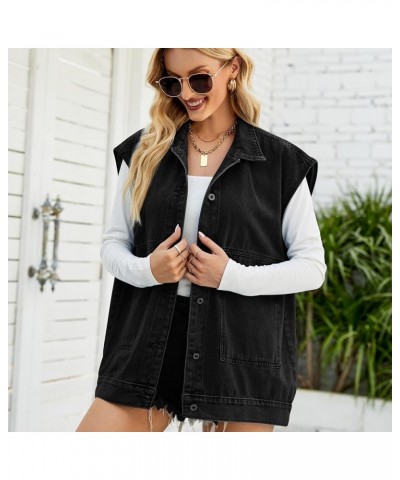 Women's Denim Vest Oversized Sleeveless Jean Jacket Button Down Casual Waistcoat With Detachable Hooded Vest 01black $18.24 V...