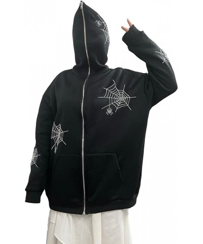 Women Y2K Zip Up Hoodie Spider Web Graphic Print Oversized Sweatshirt Skeleton Jackets Aesthetic Gothic Streetwear M-black $1...