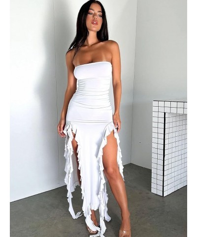 Womens Fitted Bandeau Strapless Asymmetric Thigh Splits Frills Ruffle Ruched Bodycon Midi Dresses White $16.28 Dresses