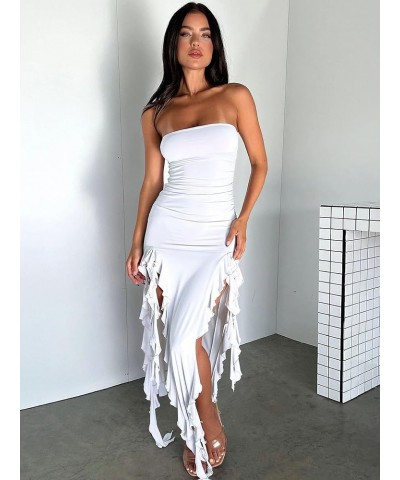 Womens Fitted Bandeau Strapless Asymmetric Thigh Splits Frills Ruffle Ruched Bodycon Midi Dresses White $16.28 Dresses