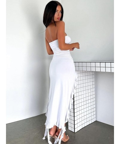 Womens Fitted Bandeau Strapless Asymmetric Thigh Splits Frills Ruffle Ruched Bodycon Midi Dresses White $16.28 Dresses