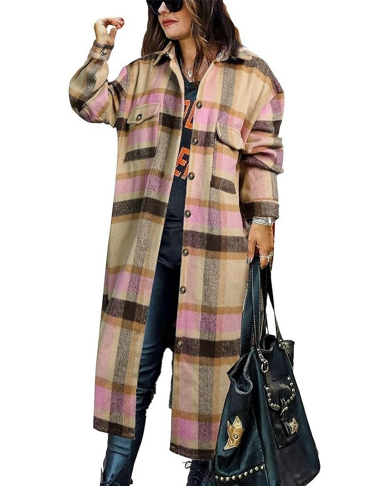 Women's Casual Lapel Button Down Long Plaid Shirt Coat Tartan Shacket Jacket Pink $10.29 Jackets