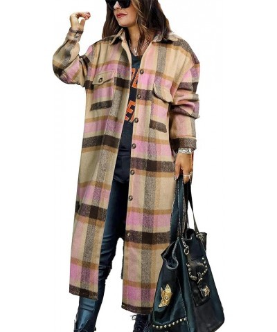 Women's Casual Lapel Button Down Long Plaid Shirt Coat Tartan Shacket Jacket Pink $10.29 Jackets