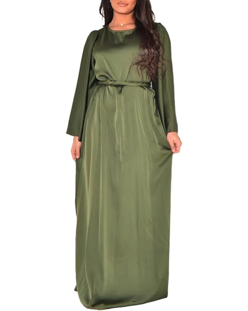 Women's Satin Dress Long Sleeve Crew Neck Belted Cocktail Party Wedding Guest Maxi Dresses Armygreen $16.96 Dresses