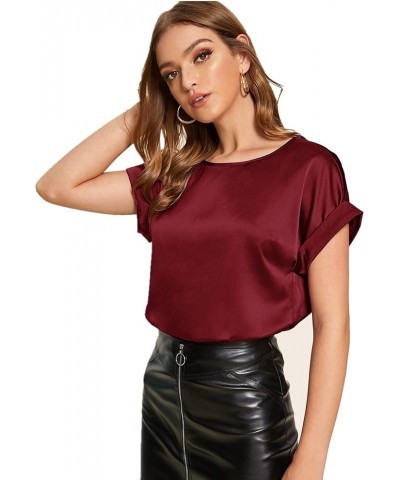 Women's Casual Solid Rolled Cap Short Sleeve Satin Silk Blouse Tops Dark Red $14.23 Blouses