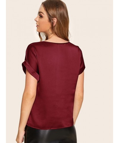 Women's Casual Solid Rolled Cap Short Sleeve Satin Silk Blouse Tops Dark Red $14.23 Blouses