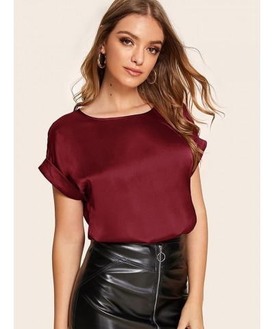 Women's Casual Solid Rolled Cap Short Sleeve Satin Silk Blouse Tops Dark Red $14.23 Blouses