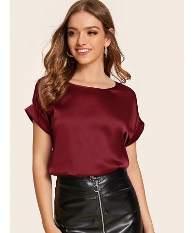 Women's Casual Solid Rolled Cap Short Sleeve Satin Silk Blouse Tops Dark Red $14.23 Blouses