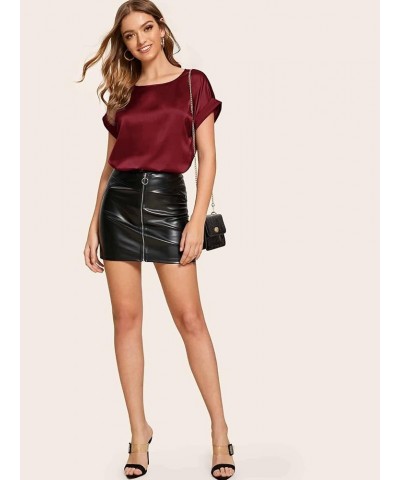 Women's Casual Solid Rolled Cap Short Sleeve Satin Silk Blouse Tops Dark Red $14.23 Blouses