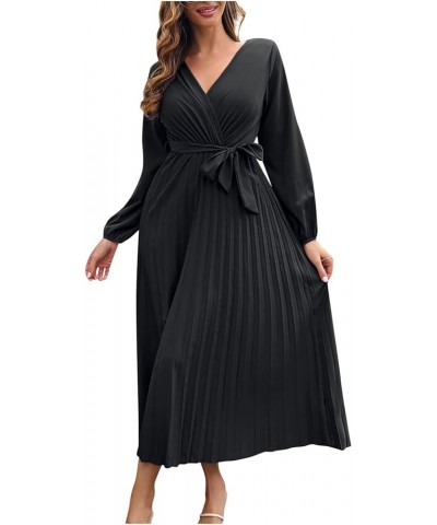 Women's Summer Dress Temperament V-Neck Large Swing Pleated Long Sleeve Dress Casual Cocktail Dresses Black $11.19 Dresses