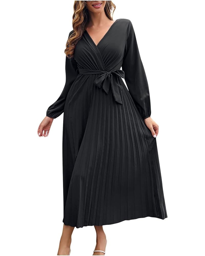 Women's Summer Dress Temperament V-Neck Large Swing Pleated Long Sleeve Dress Casual Cocktail Dresses Black $11.19 Dresses