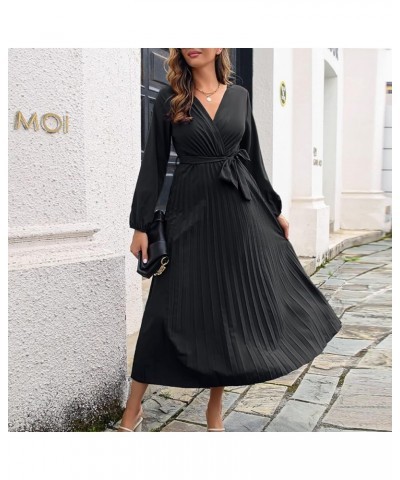 Women's Summer Dress Temperament V-Neck Large Swing Pleated Long Sleeve Dress Casual Cocktail Dresses Black $11.19 Dresses