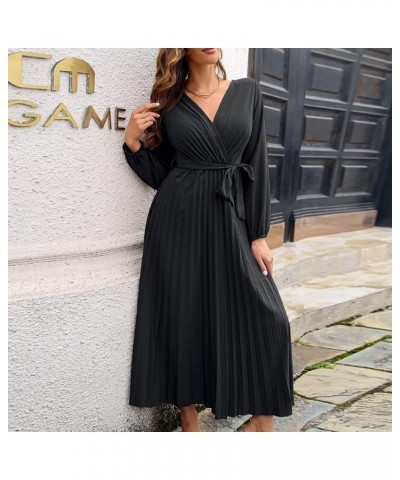 Women's Summer Dress Temperament V-Neck Large Swing Pleated Long Sleeve Dress Casual Cocktail Dresses Black $11.19 Dresses