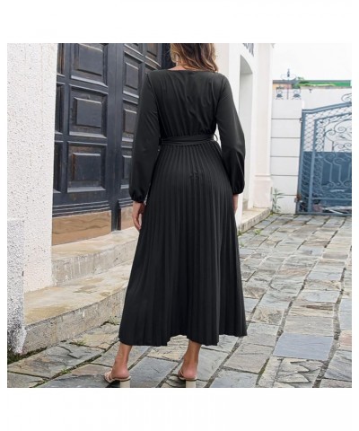 Women's Summer Dress Temperament V-Neck Large Swing Pleated Long Sleeve Dress Casual Cocktail Dresses Black $11.19 Dresses